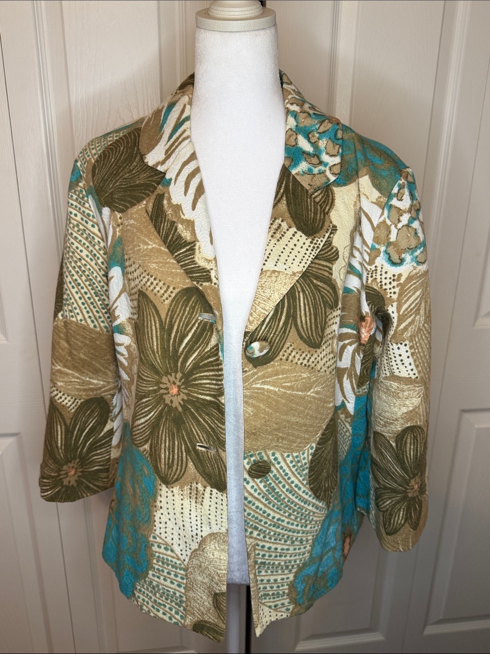 Chico's Floral Patchwork Blazer in Teal and Olive